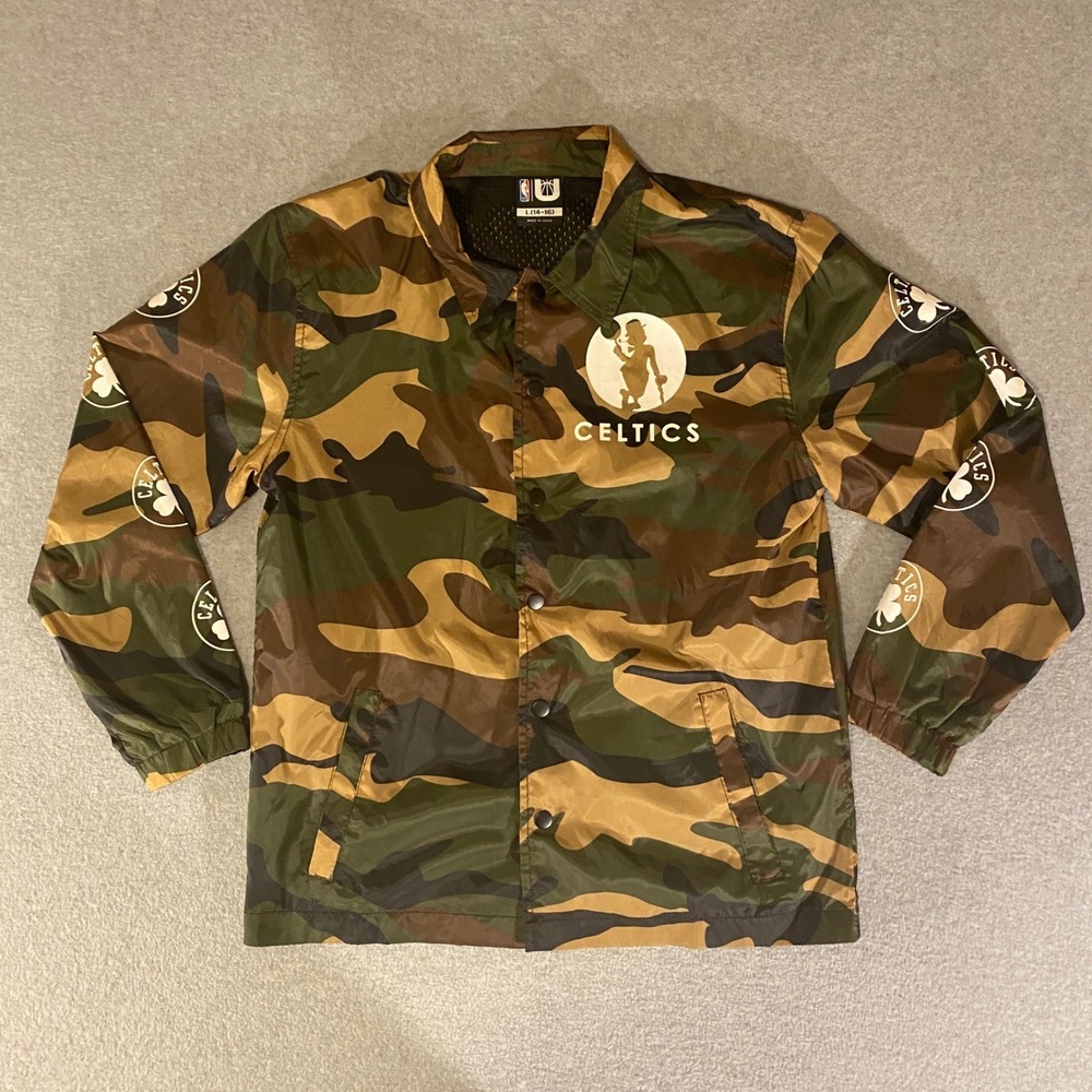 NBA Boston Celtics Camo Coaches Jacket Youth Large 14-16 Windbreaker Green Brown